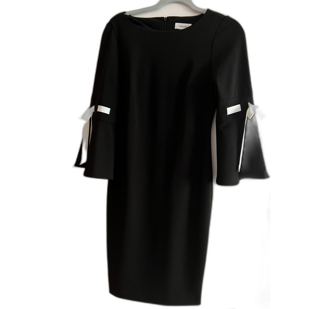 Calvin Klein Black Dress with Bell Sleeves and White Ribbon Detail Sz 4